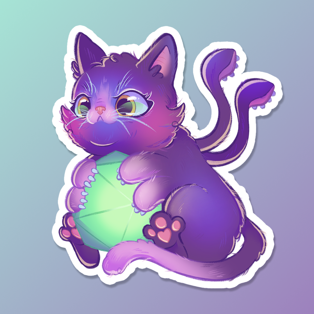 Displacer beast cat holding d20 - Sticker
