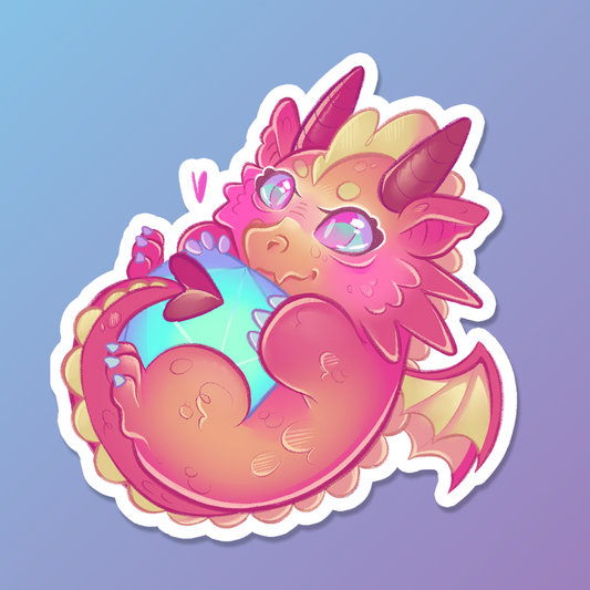 Red dragon holding d20 - Sticker